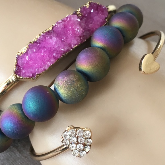 Jewelry - 3 Bracelet Boho Druzy Crystal Gold Bangle Set NWT